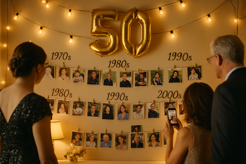 Beautiful memory timeline display showing photos from different decades of life