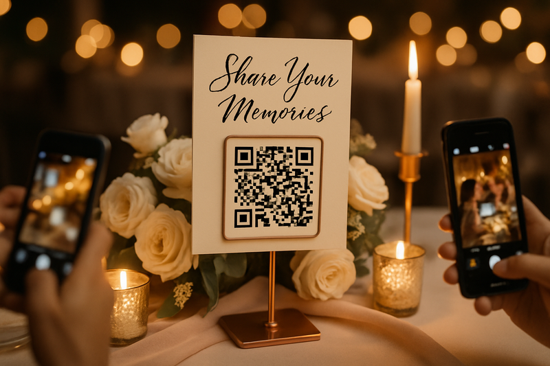 Elegant wedding QR code display on reception table with romantic decor and guests scanning with smartphones