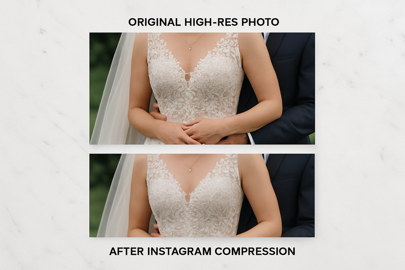 Comparison showing high resolution original wedding photo versus Instagram compressed version with quality loss