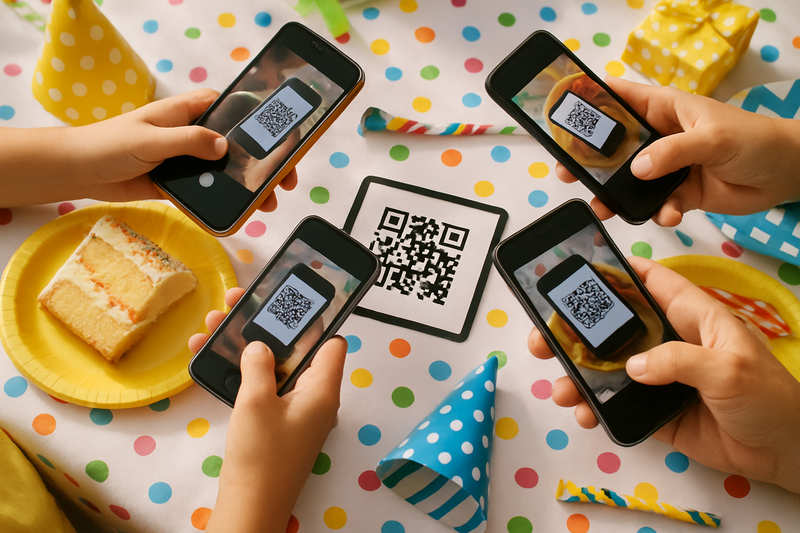 Multiple family members using smartphones to scan QR codes for easy photo sharing at birthday party