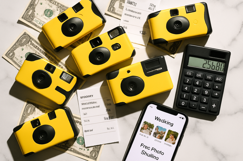 Wedding budget comparison showing disposable cameras, development costs, and digital alternatives with calculator and receipts