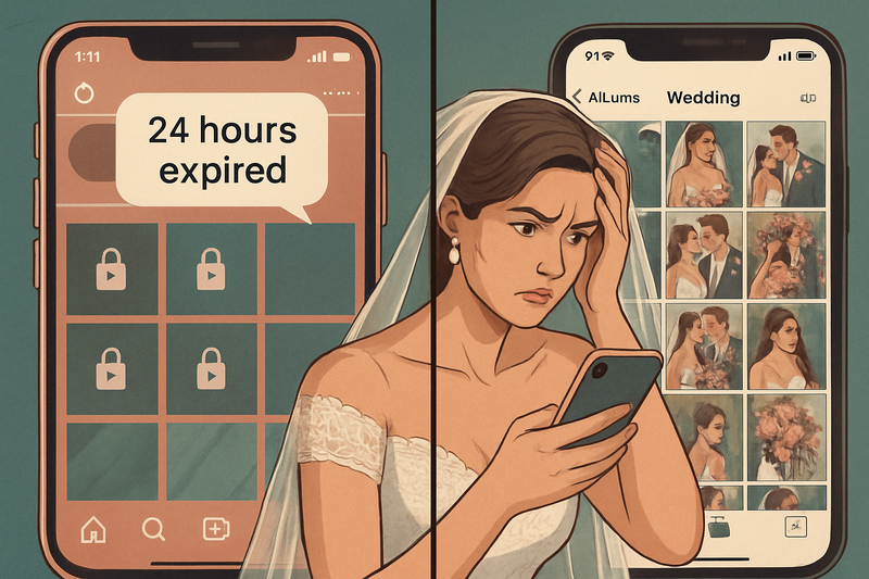 Split screen showing Instagram private account limitations versus accessible private photo gallery for wedding photos