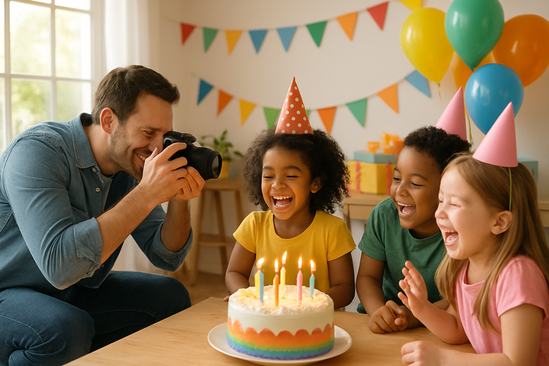 Parent photographer capturing candid moments of children laughing around a colorful birthday cake