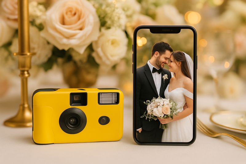 Disposable camera and modern smartphone side by side on wedding table showing photo quality difference