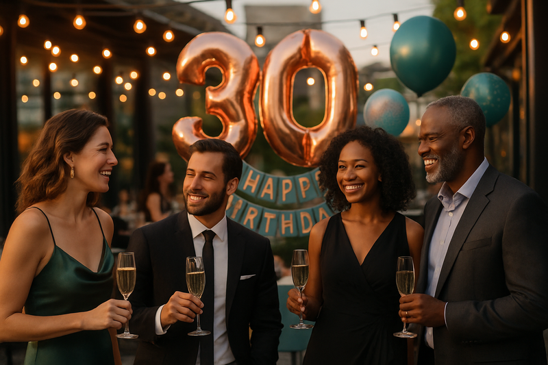 Sophisticated 30th birthday party with elegant decorations and upscale venue atmosphere