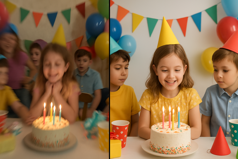 Before and after comparison of birthday party photography showing improved composition and lighting techniques
