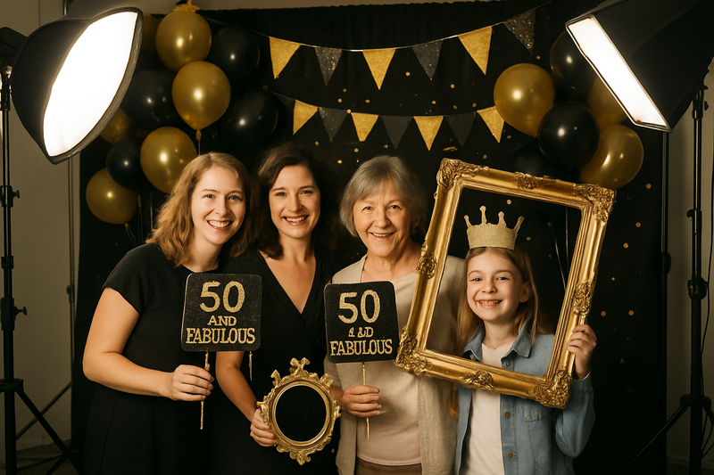Stylish photo booth setup with 50th birthday props and decorations