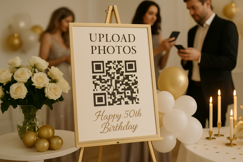 Stylish QR code display at elegant milestone birthday party for easy photo sharing