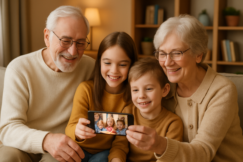 Happy grandparents viewing birthday party photos on smartphone with grandchildren showing pictures
