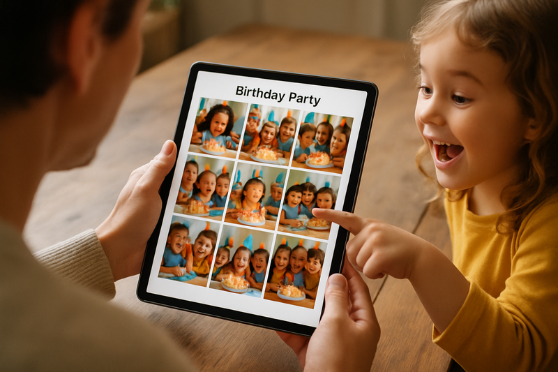 Parent organizing birthday party photos on tablet in beautiful chronological gallery with excited child pointing at memories