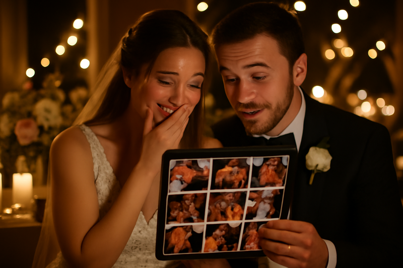 Bride and groom viewing digital photo gallery of wedding memories on tablet