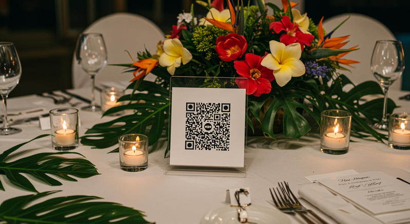 QR code display at destination wedding reception for easy photo sharing