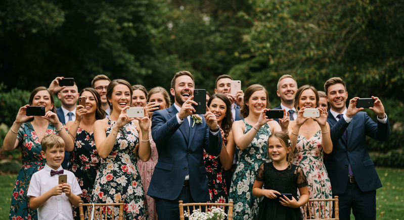 Wedding guests happily taking candid photos at elegant outdoor ceremony