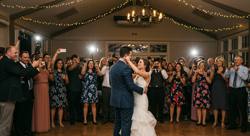Wedding guests holding smartphones to capture first dance from multiple angles with warm reception lighting