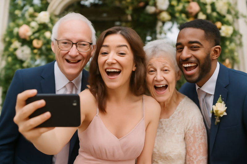 Diverse wedding guests recording heartfelt video messages on smartphone