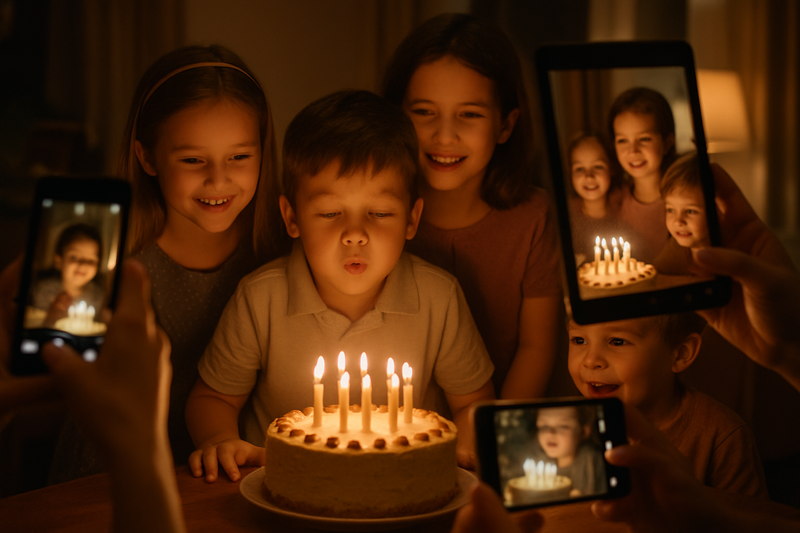 Children gathering around birthday cake with multiple family members capturing the moment from different angles