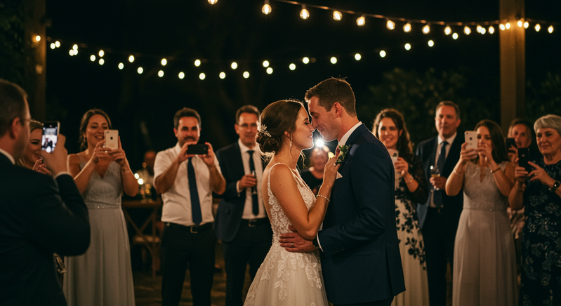 Bride and groom sharing intimate candid moment during cocktail hour with guests naturally photographing in background