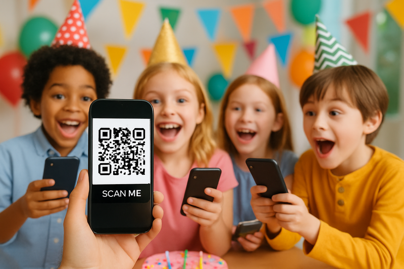Smartphone displaying QR code surrounded by excited children with phones at birthday party
