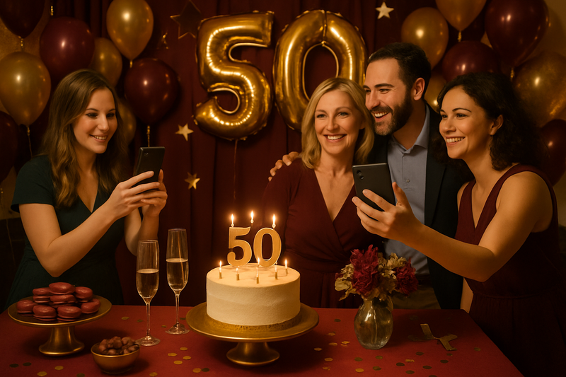 Elegant 50th birthday party celebration with sophisticated gold decorations and guests taking photos