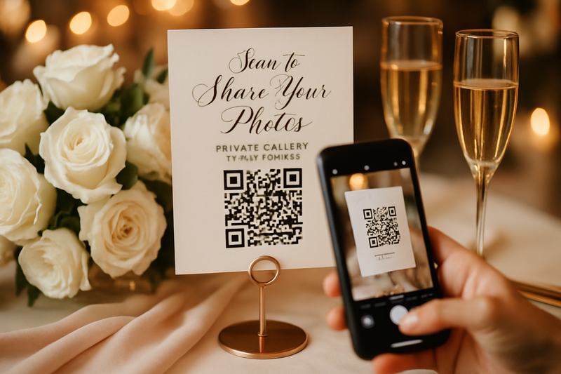 Wedding QR code display on reception table for easy guest photo sharing without apps or accounts