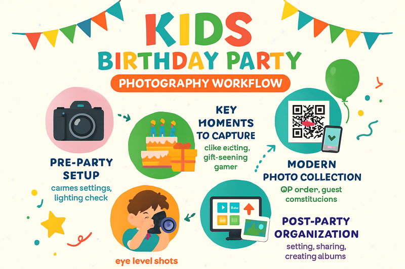 Colorful infographic showing complete kids birthday party photography workflow and key moments to capture