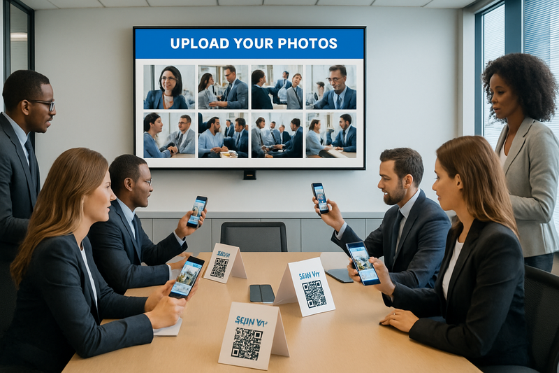 Modern corporate conference room with employees using smartphones to upload photos to a digital gallery