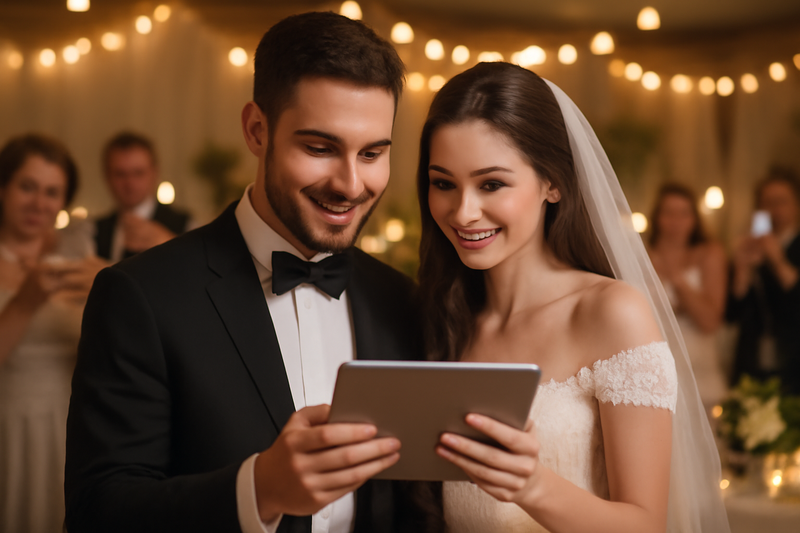 Modern couple viewing digital wedding memories on tablet at reception