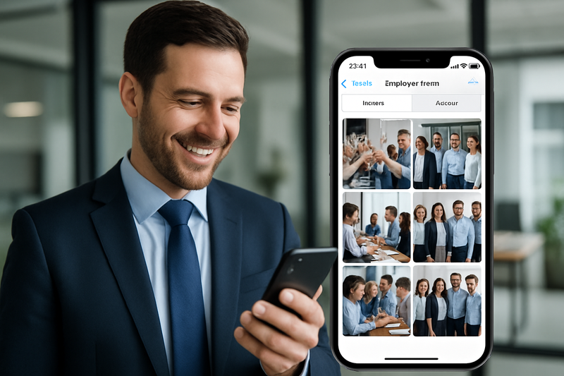 Corporate executive looking at smartphone showing digital photo gallery with employee event photos