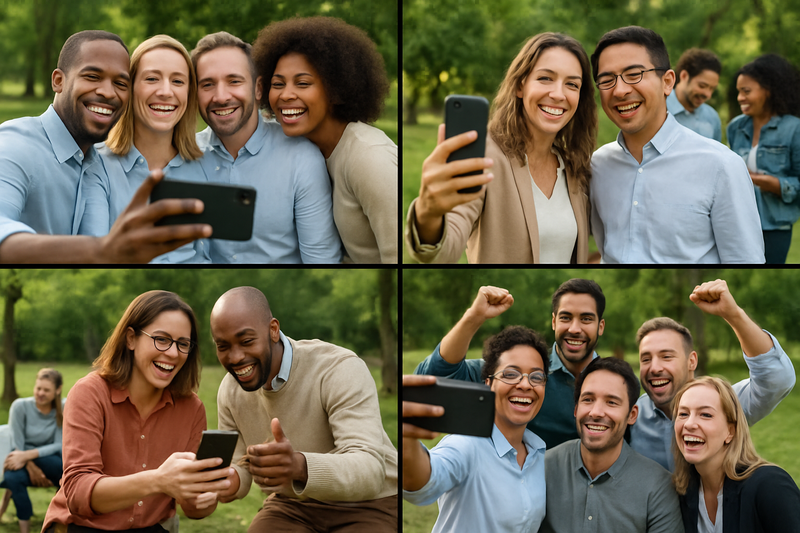 Corporate team building event with employees taking group selfies and candid shots