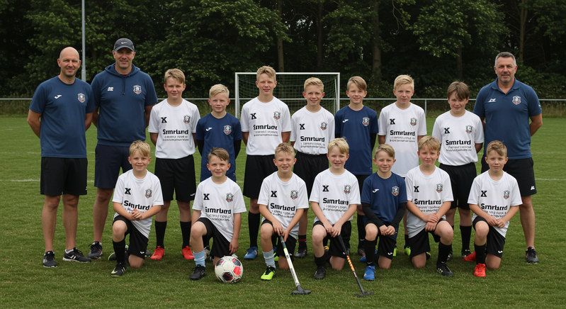 Youth sports team with sponsor logos visible on uniforms and equipment showing successful sponsor integration