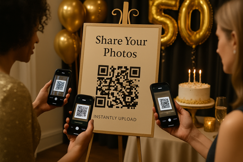 QR code display at 50th birthday party for easy photo sharing