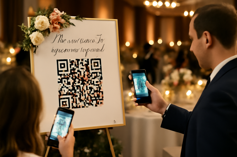 Elegant QR code wedding signage with guests scanning smartphones