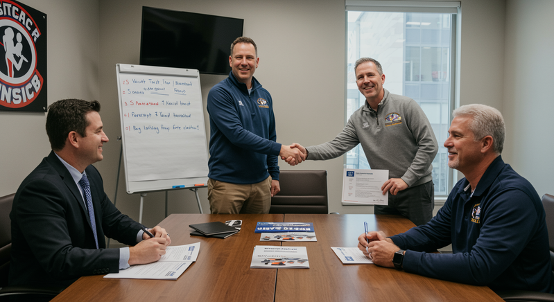 Professional youth sports sponsorship meeting between booster club representatives and local business owners discussing partnership opportunities