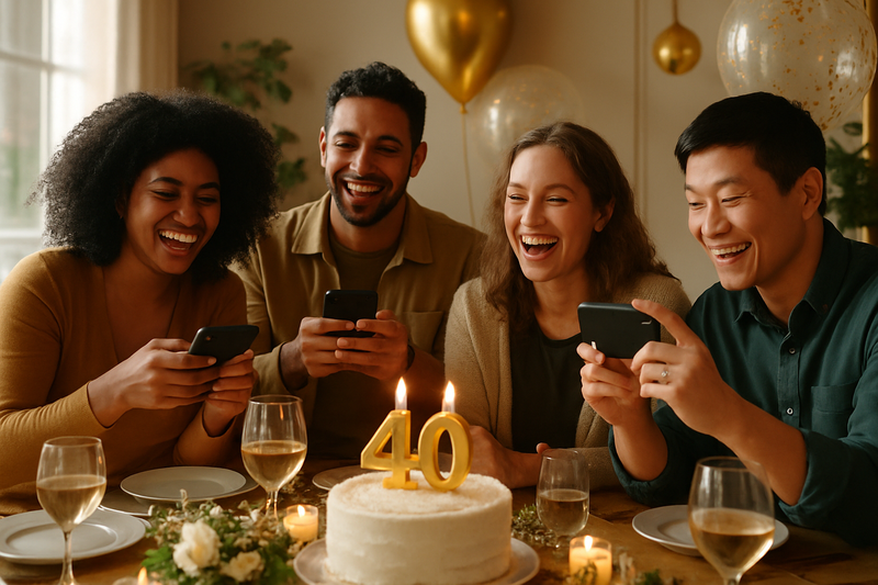 Group of diverse friends celebrating 40th birthday together taking photos and creating memories