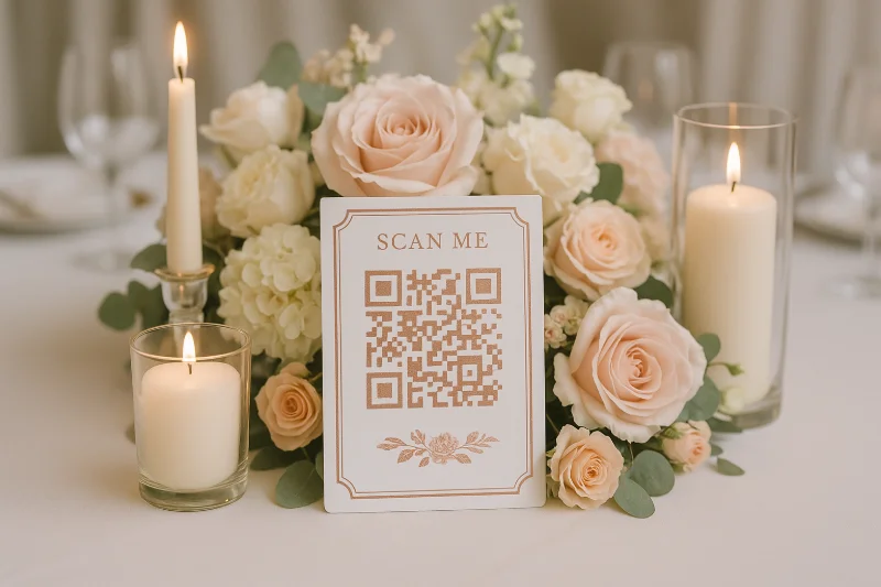Elegant wedding table centerpiece featuring QR code for guest photo sharing, surrounded by roses and candles for seamless wedding photo collection