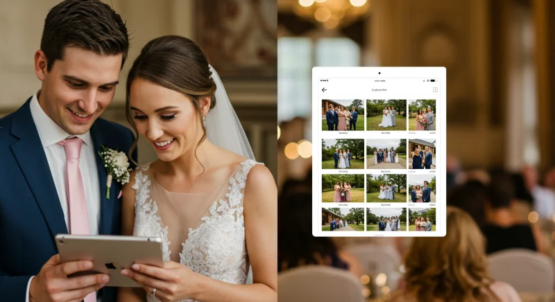 Bride and groom happily viewing wedding photos collected from guests on tablet, showing digital wedding gallery interface with guest-submitted photos