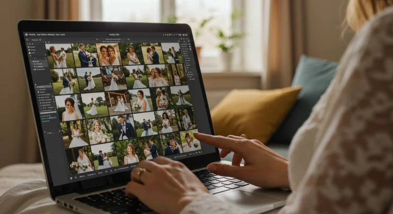 Person organizing wedding photos in digital gallery on laptop, showing how to manage and collect wedding photos from guests efficiently