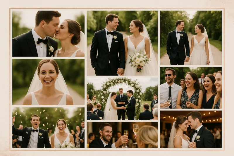 Wedding photo collage showing professional and guest photos collected from wedding celebration, demonstrating comprehensive wedding photo collection methods