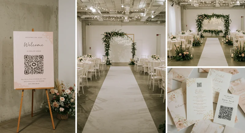 Wedding venue showing multiple QR code placement strategies including welcome signs, table cards, programs, and ceremony backdrop displays