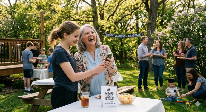 Grandmother and granddaughter scanning a graduation party QR code photo sharing card together at a backyard celebration