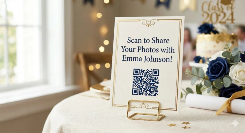 Printed graduation party QR code table card in navy and gold school colors displayed at a celebration dinner table