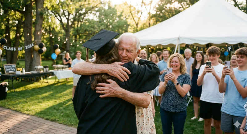 Emotional candid photo of a graduate hugging their grandfather at a graduation party while family captures the moment on their phones