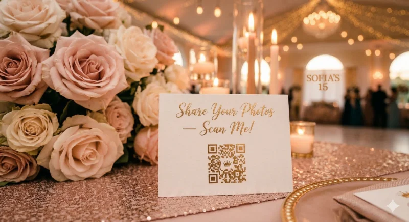 Quinceañera table card with QR code for guest photo sharing at a Sweet 16 celebration