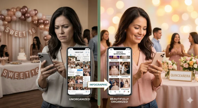 Split image showing the frustration of scattered group chat photos versus a beautifully organized quinceañera photo gallery