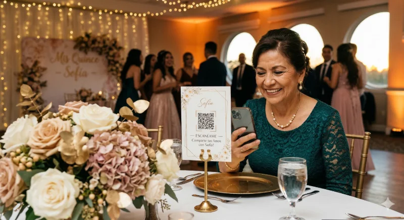 Older Latina woman at a quinceañera scanning a QR code table card to share guest photos